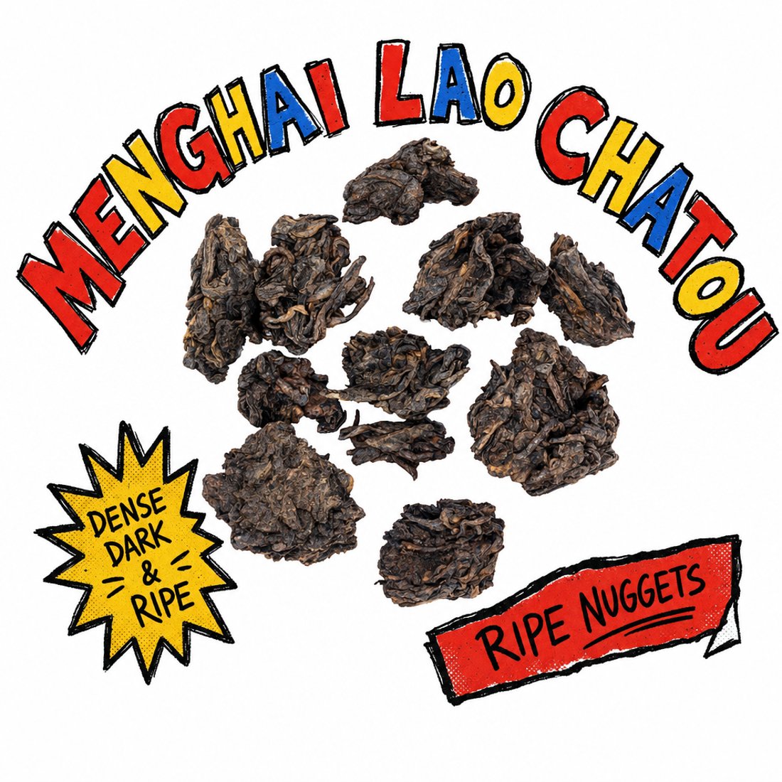 Roasted tartary buckwheat granules in a circle on cream newsprint surrounded by marker-drawn bursts, a smiling cup on a skateboard and hand lettering